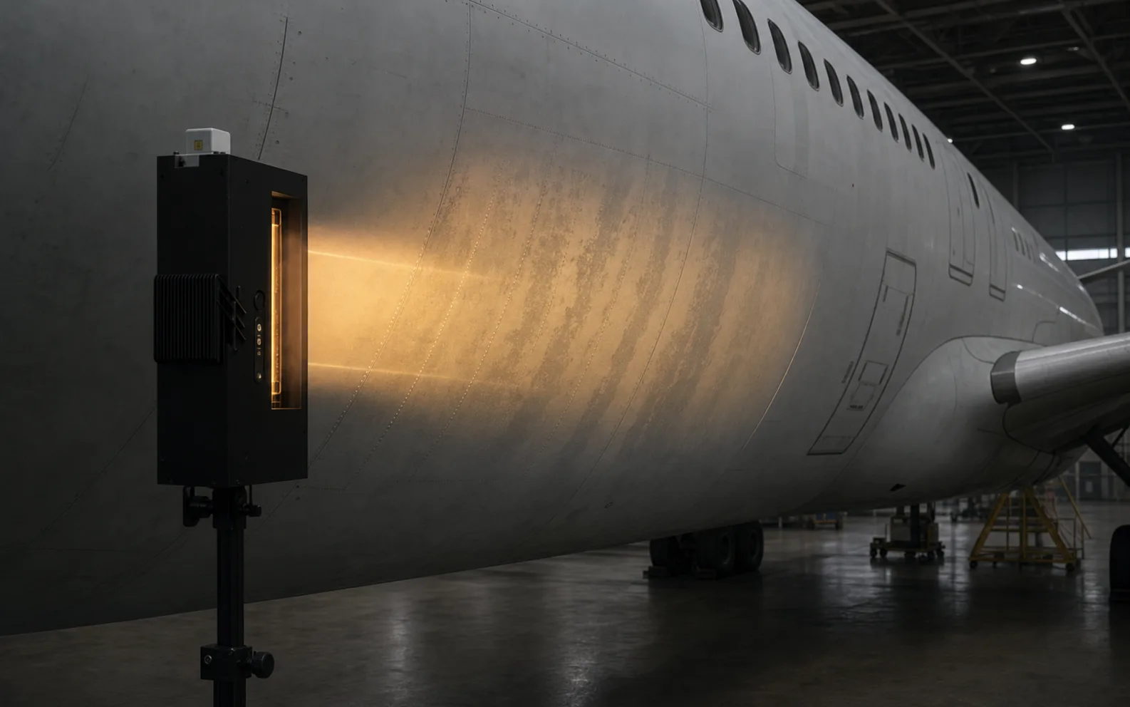 PhaseTrace scanner inspecting an aircraft coating surface during maintenance