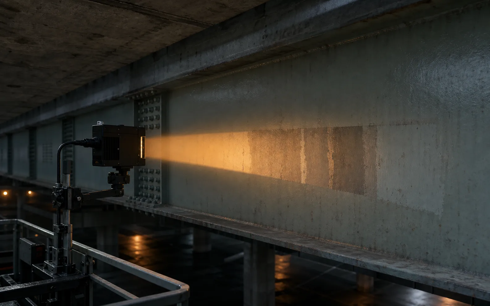 PhaseTrace scanner inspecting the underside girder of a real bridge