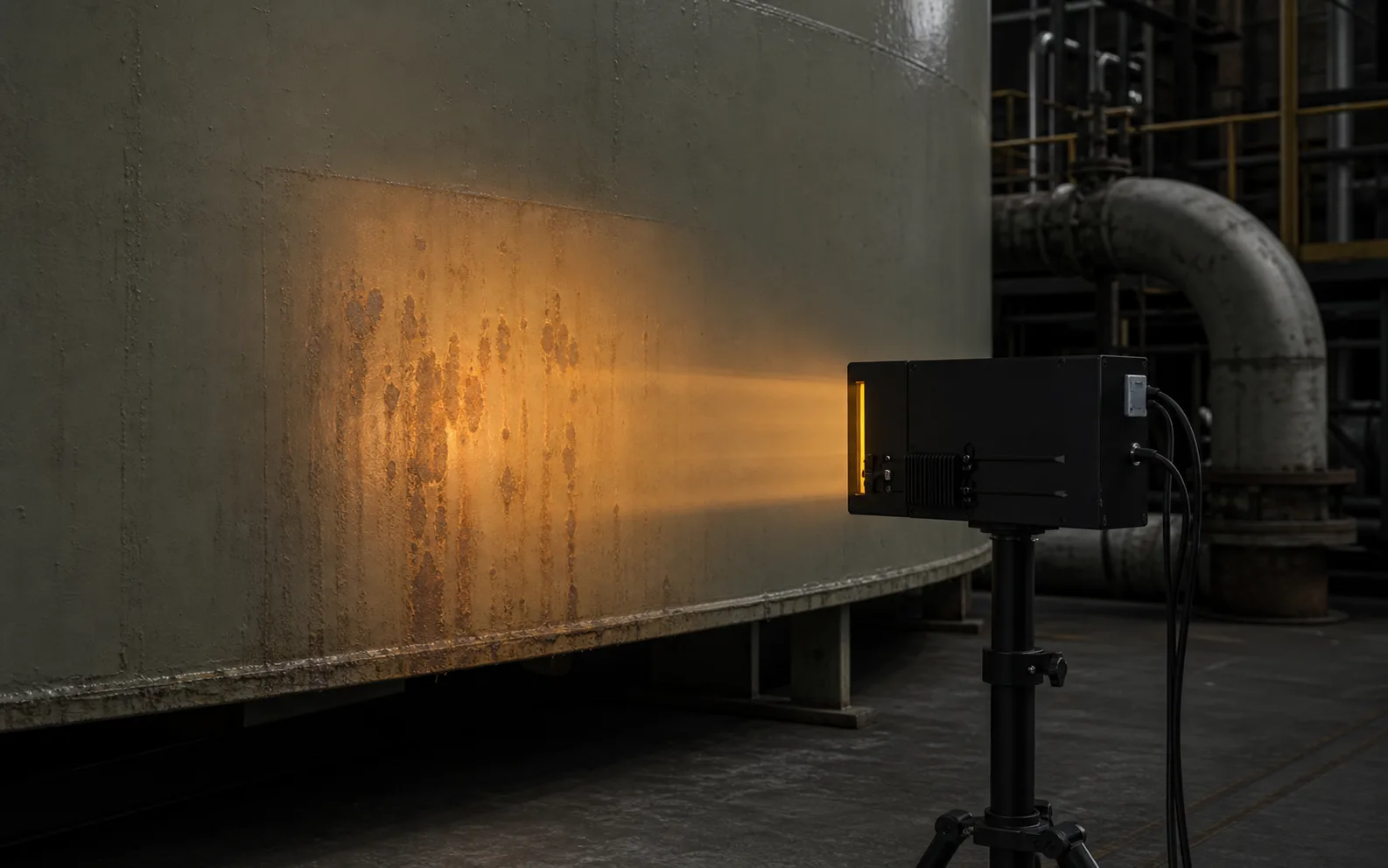 PhaseTrace scanner inspecting a full-scale coated industrial metal surface for hidden corrosion