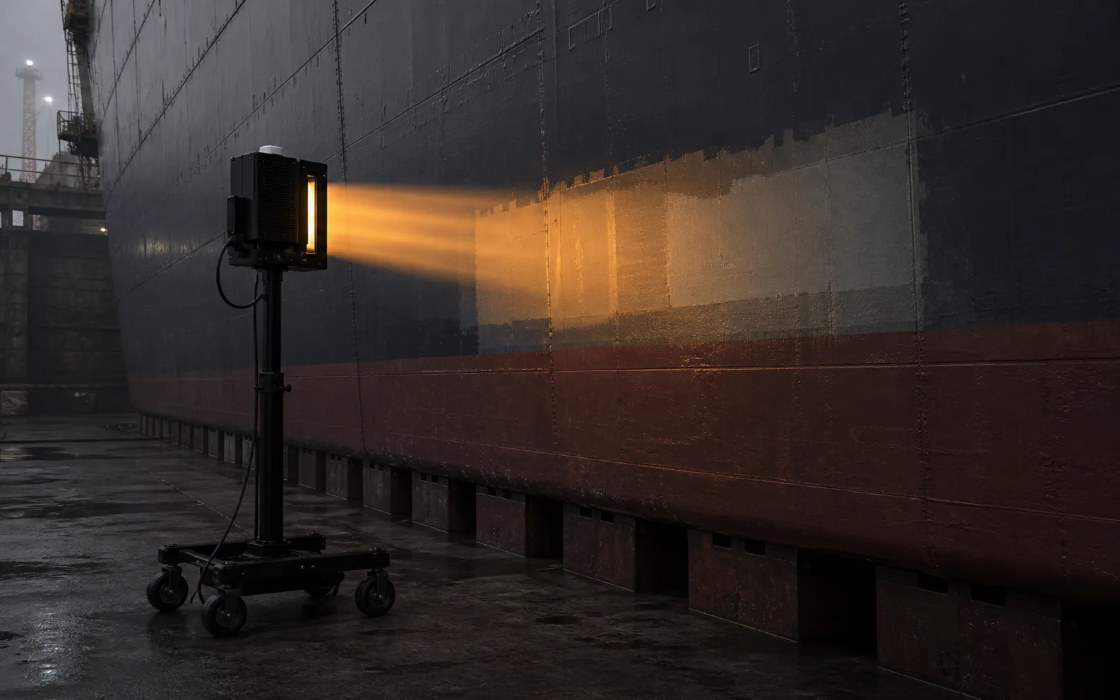 PhaseTrace scanner inspecting the coated hull side of a ship in dry dock