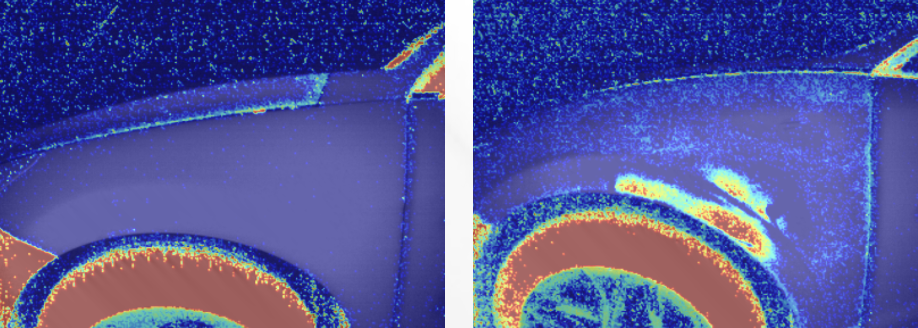Thermal phase comparison between a normal front fender and a repaired front fender